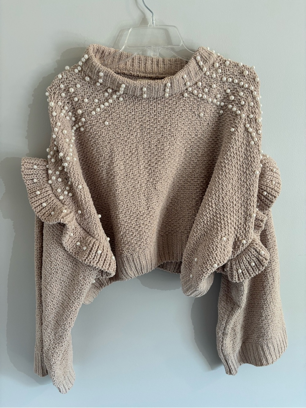 POL Womens Taupe Pearl Embellished Long Sleeve Sweater Size M